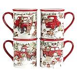 Red Truck Snowman Set of 4 Ceramic Mugs – Cozy up with coffee, tea, or cocoa in these delightful mugs featuring red trucks and snowmen, perfect for holiday mornings or fireside sipping 16 oz