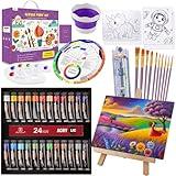 PUOPOSTY Acrylic Paint Set for Kids – Complete Painting Kit for Ages 4-12 – Premium Art Supplies w/Wooden Easel, 24 Paints, 4 Canvases, 10 Brushes & More – Ideal Birthday Easter Gift for Boys & Girls