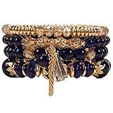Bookay Bohemian Bracelet Sets for Women - 4-Pack Stackable Stretch Bead Bracelets with Dark Blue Crystal & Gold Accessories, Multi-Layer Boho Jewelry for Holiday Gift (purple)