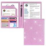 Cacturism Padfolio Portfolio Folder, Foldable Letter Size Clipboard Legal Pad, Bling PU Leather Professional Folio Organizer for Women - Resume Business Document Holder for Job Work Office, Pink