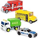 JOYIN 4 Pcs 7" Long Vehicle Toy Set, Toddlers Cars with Lights and Siren Sound, Including Play Police Car, School Bus, Garbage Truck, Ambulance, Birthday Christmas Party Gifts Toys for Boys 3-5