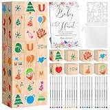 KVTUKIAIT 175 PCcs Baby Shower Blocks Games Sign Sets with 50 Wooden Blocks for Baby Shower, 100 Stencils 24 Watercolor Markers & Wood Sign for Decorate Activities, Gender Reveal Party Supplies
