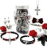 Gothic Vampire Mystery Jewelry Jar, 25-30PCS Red & Black Necklaces,Rings & Earrings in Horror Skull Jar, Lolita Witchy Jewelry Set, Spooky Season Accessories,Unique Dark Theme Romantic Present for Women, Birthday & Party Favor