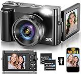 4K Digital Camera for Photography Autofocus, Upgraded 64MP WiFi Vlogging Camera for YouTube with 3" 180° Flip Screen, 16X Zoom, Compact Travel Cameras for Beginners with 32GB Card, 2 Batteries, Black