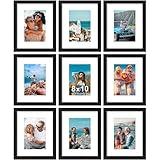 Vittanly 8x10 Picture Frames Set of 9, Shatter Resistant Plexiglass, Display 5x7 Pictures with Mat or 8x10 without Mat, Photo Frames for Wall or Tabletop, Engineered Wood, Black