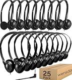 Wensdo Kids Headphones Bulk 25 Pack for School Classroom K-12, Wholesale Wired Adjustable Headsets for Students Teens Children Gift and Adult (HY857,25 Black)