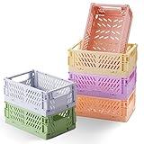 HUUSMOT 6-Pack Small Pastel Plastic Storage Baskets, Collapsible Crates for Organizing, Space-Saving Mini Bins for Classroom, Kitchen, Office, Bedroom (5.9" x 3.8" x 2.2")
