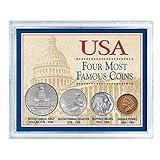American Coin Treasures USA Four Most Famous Coins, Genuine Coin Set, Buffalo Nickel, Indian Head Cent, Bicentennial Half Dollar and Quarter, Certificate of Authenticity