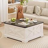 LAUSAINT HOME Farmhouse Rustic Lift-Top Coffee Table with Built-in Charging Hub, Large Hidden Storage Compartment, Square Wooden Center Table for Living Room, Home Office, and Home Decor,White