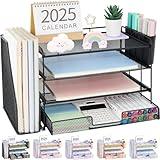 OPNICE Desk Organizer and Accessories, 4-Tier Desktop File Organizer with Drawer and 2 Pen Holders, Office Desk Accessories, File Sorters, Workspace Organizers for Office Supplies(Black)