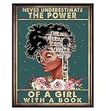 African American Classroom Decor - LARGE 11x14 - Never Underestimate a Girl With a Book Wall Art - African American Girl, Women - Inspirational Motivational Poster - Positive Quotes - Black Art