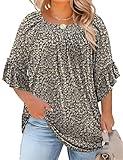 Micoson Womens Plus Size Tops 3/4 Ruffle Sleeve Office Shirts for Women Dressy Summer Spring Tops Loose Fitting Blouse Black Floral