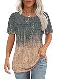 Womens Plus Size Tops Dressy Casual Tie Dye Shirt Short Sleeve Blouses Business Summer Boho Fashion Clothing Tshirts for Curvy Women Grey Coral 4XL