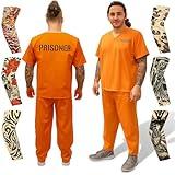ArtCreativity Orange Prisoner Costume with 6 Outlaw Sleeve Tattoos for Men - Size Medium - Adults Jailbird Inmate Criminal Short-Sleeve Shirt and Pants for Halloween, Role Play, Theme Parties