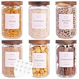 6 Set Glass Pantry Storage Jars with Acacia Airtight Lid - 23oz Thicken Glass Kitchen Canisters with 132 Pantry Labels - Clear Glass Food Storage Containers with Wood Lid for Tea,Sugar,Cookie,Coffee