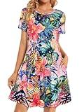 elescat Spring Dress for Women Sundress Beach Tshirt Short Sleeve Flowy with Pockets Coverup(Pink Floral, M)