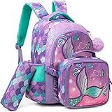Meetbelify Mermaid Backpacks for Girls School Bag Cute Girls Backpacks Ages 8-10 with Lunch Box Kids Bookbag Set Travel Backpack for Elementary Students Backpack to School Supplies