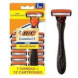 BIC Comfort 3 Men's Refillable 3 Blade Razors, Black Handle with Pivoting Head, 12-Pack