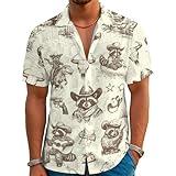 Men's Hawaiian Shirt Funny Retro Cowboy Raccoon Guitar Dinosaur Print Summer Beach Casual Short Sleeve Button Down Shirts Yellow