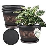 Usocik 4 Pack 10 inch Plant Pots, Retro Pattern Planters with Drainage Holes and Saucer, Sturdy Plastic Garden Flower Pots for Indoor & Outdoor Plants