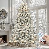YITAHOME Prelit Snow Flocked Artificial Full Christmas Tree 6ft with Remote Control, Christmas Pine Tree with 11 Light-Modes, 1000 Branch Tips, and Foldable Base for Home, Party Decoration