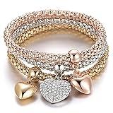 Crystal Charms Multilayer Bracelets - 3PCS Gold/Silver/Rose Gold Corn Chain Bracelet for Women, Tree of Life Heart Shaped Stretch Bracelet(Solid Hearts Charm)