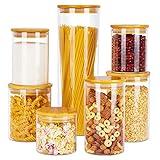 Vtopmart Glass Food Storage Jars, 7 Pack Kitchen Containers with Airtight Bamboo Wooden Lids for Pasta, Cookies, Nuts, Coffee Beans, Cereal, Canisters Set for Flour, Pantry Organization, BPA Free