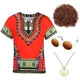 Ultrafun Hippie Costume for Men 60s 70s Hippie Outfits Afro T-Shirt Wig Accessories Set for Theme Parties (African Style, X-Large)
