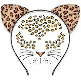 Cheetah Ears Headband with Temporary Tattoos, Leopard Ears Headband & Leopard Face Stickers Tattoos Cheetah Costume for Adult Women, Halloween Animal Ears Headband Cat Ears Costume Accessories