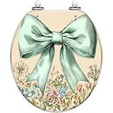 Round Toilet Seat Nostalgic Retro Sage Green Bow Coquette Knot Lavender Quiet Close Strong Stainless Steel Hinges Resin Toilet Seat Easy to Install Easy to Clean