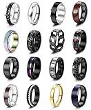 Besteel 16Pcs Stainless Steel Fidget Rings for Men Women Stress Anxiety Relief Rings Black Cool Chain Band Spinner Ring Set for Wedding Promise Mens Rings Pack