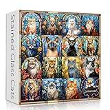 Stained Glass Puzzle Cat Puzzles for Adults 1000 Pieces, Colorful Kitty Kitten Collage Puzzles 1000 Pieces, Hard Difficult Impossible Challenging Jigsaw Puzzles for Adults