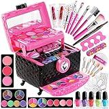 60Pcs Kid Makeup Kit for Girls 6-12, FunKidz Three Layers Folding Make Up Box Toy Set Child Beauty Cosmetic Kits for Little Girls Party Gifts