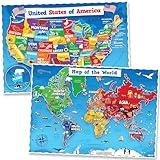 World Map Poster & Map of the United States For Kids - 2pc Set - 24” x 16” USA & World Map For Kids Waterproof Classroom Posters Must Haves - Classroom Decor Educational Posters For Toddlers 1-3