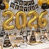 New Years Eve Party Supplies 2026 - Happy New Year Decorations Kit - Set of 50 Includes Banner, Hats, Ribbon, Glasses,Tiaras, Balloons, Squawkers and Fringe Curtains - Accessories for Kids Party Decor