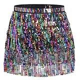 Belly Dance Hip Scarf Sequin Tassel Skirt Wrap Sparkly Rave Costume for Women (Black Rainbow)