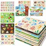 GRINNNIE 9 Pack Montessori Toddler Puzzle for 3 4 5 Years Old, Wooden Learning Puzzle for Toddlers 3-5, Animal, Alphabet, Number, Shape Peg Puzzles Set, Great Birthday for Boys Girls