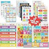 Hadley Designs 16 Educational Posters for Classroom & Kindergarten, Kindergarten Classroom Must Haves, Laminated PreK Learning Chart Materials US & World Map, ABC Alphabet, Shapes, Days of the Week