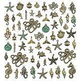 JIALEEY 100 Gram Assorted Antique Ocean Themed Charms Bronze Ocean Fish Sea Creatures Beads Pendants for Jewelry Making and Craft Making